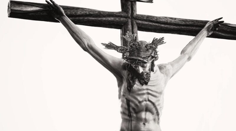 grayscale photo of the crucifix