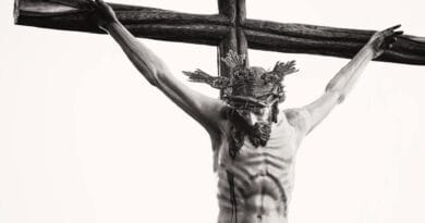 grayscale photo of the crucifix